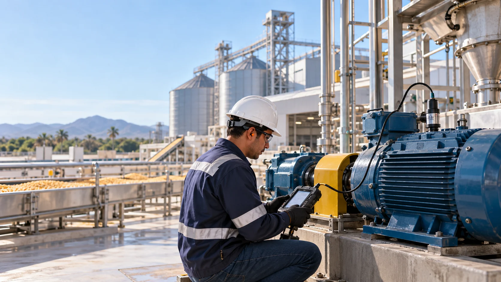 Técnico monitoreando la condición de maquinaria industrial