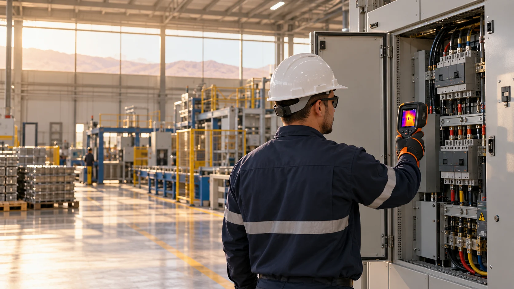 Técnico realizando termografía de un tablero eléctrico industrial