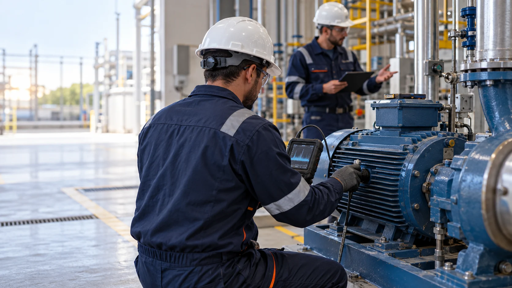 Especialista realizando análisis de vibraciones en un motor industrial